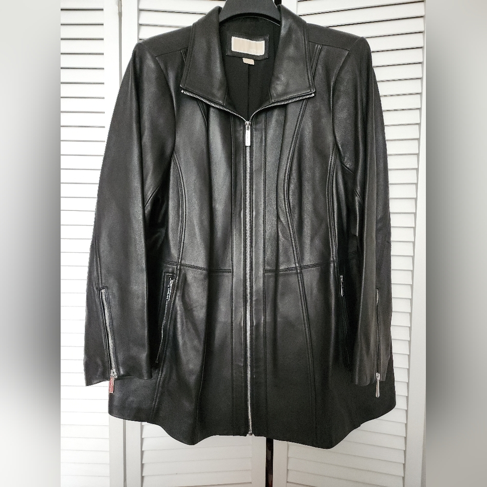 Michael Kors Black Leather Jacket with Sleek Zippers